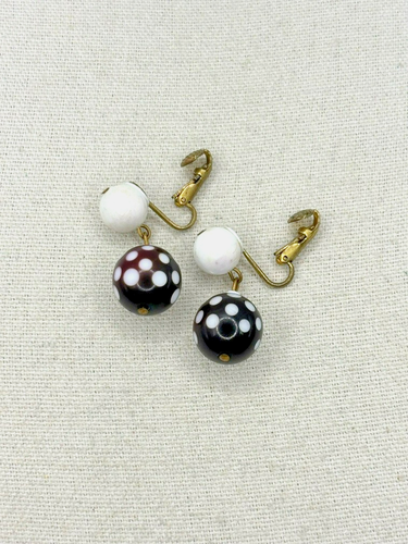 Vintage Germany Black Cherry And White Polka Dot Ball Drop Clip On Earrings - Picture 7 of 23