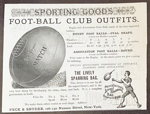 Rugby Cuero FÚTBOL Spalding No.J & Peck&Snyder Artículos Deportivos 1892 Anuncios Impresos - Imagen 2 de 4
