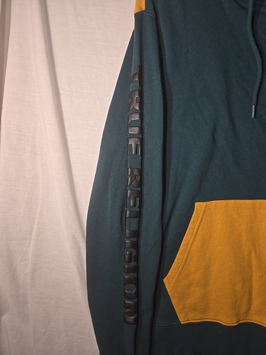 True Religion Nice Men's Aqua-Marine & Gold Hooded Sweatshirt - Size XL - Picture 4 of 6