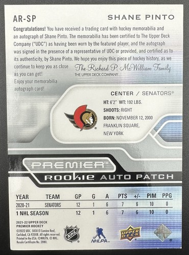 2021-22 Upper Deck Premier Hockey 'Shane Pinto' /249 Rookie Patch AUTO RPA AR-SP - Picture 2 of 11