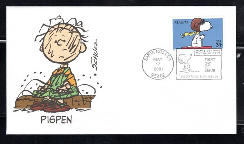 2001 Sc #3507 34c  Snoopy  with Schultz Pigpen on Fleetwood Cachet - Picture 1 of 2