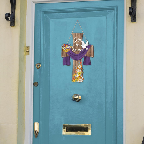 Easter Decorations Hanging Door Sign Wreath Religious Cross He Is Risen Flowers - Picture 3 of 12