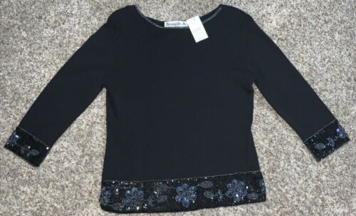 Joseph A. Vintage Top Women's XL Black Embellished Sequin Beaded Floral Trim NEW - Picture 2 of 23
