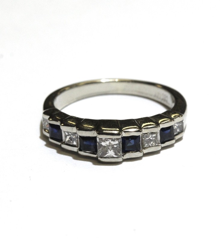 14k white gold .52ct SI1 VS2 H princess diamond sapphire gemstone band ring 2.1g