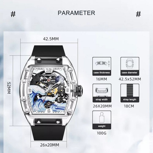 HANBORO Men Automatic Watch Tonneau Mechanical Acrylic Case Luminous Wave Dial - Foto 7 di 7