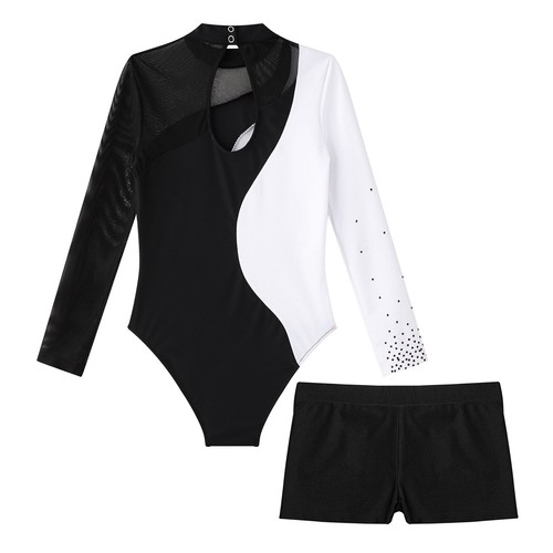 Kids Girls Costume Tumbling Gymnastics With Shorts Leotard V-front Waistband - Picture 13 of 69