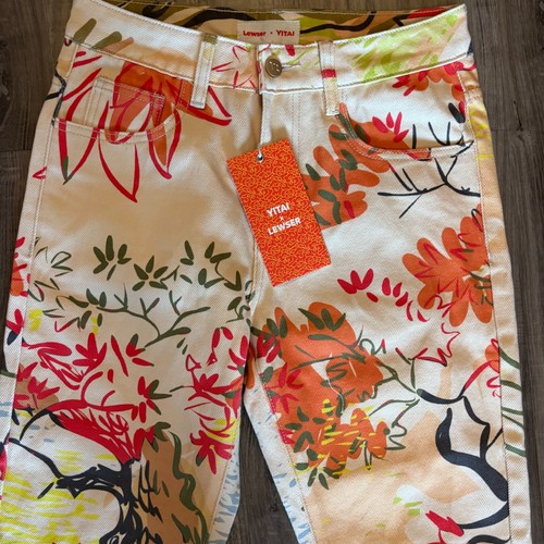 Lewser Yitai Size XS Floral Printed Women's Jean Pants Yellow Orange Green - Picture 2 of 11