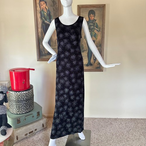 Vintage 90s Glitter Goth Starburst Spiderwebs Bodycon Maxi Dress Party Prom XL - Picture 2 of 10