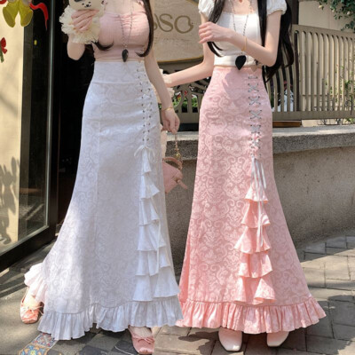 Women Fish-tail Skirt Punk A-line Jacquard Lace Up Mermaid Skirt