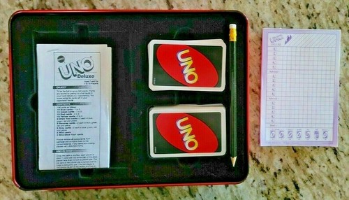 UNO DELUXE IN COLLECTIBLE TIN by MATTEL, 2-10 PLAYERS, COMPLETE  #B0001 2002 - Picture 3 of 3
