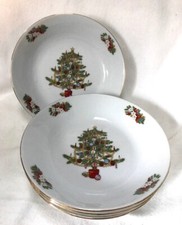 4 Crown Ming Mistletoe Christmas Tree Coupe Soup Bowls Gold Rim 7 5/8" China
