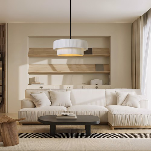3 Light Double Drum Chandelier Modern 2-Tier Fabric Shade Pendent Light Indoor - Picture 2 of 10
