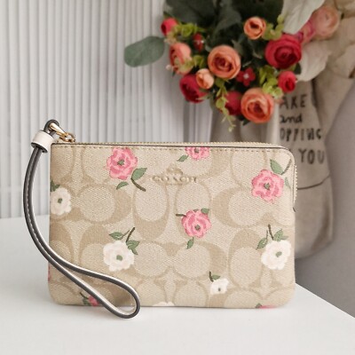 New Coach Corner Zip Wristlet In Signature Canvas With Floral