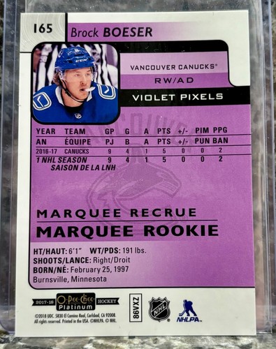 17-18 O Pee Chee Platinum Brock Boeser Violet Pixels Marquee Rookie - Picture 2 of 2