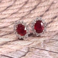 3CT Oval Cut Lab Created Red Ruby Women Halo Stud Earrings 14K White Gold Plated