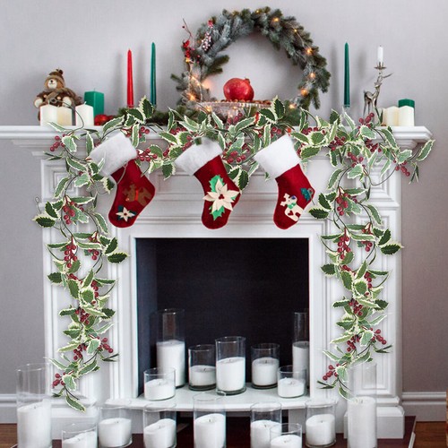 Artificial Holly Leaves Fake Berries Christmas Branch Ornament Xmas Decor Tools - Picture 3 of 14