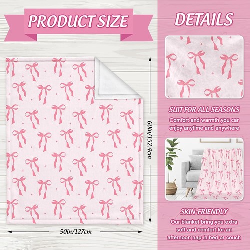 Pink Cute Bowknot Flannel Blanket for Valentine's Day Bed Sofa Chair 50x60 Inch - Picture 3 of 7