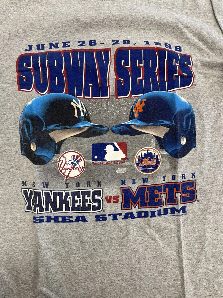 Metro serie T vintage New York Yankees Mets 1998 talla corta grande gris usado Foto 2 de 4