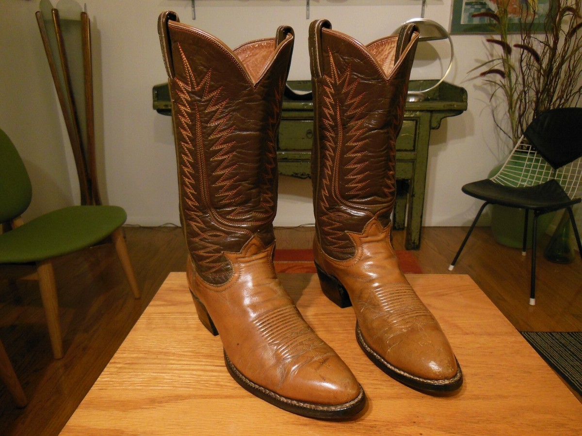Pre-owned Men's Dk. Brown/Tan Leather Fancy Western Cowboy Pre-owned Men's Dk. Brown/Tan Leather Fancy Western Cowboy