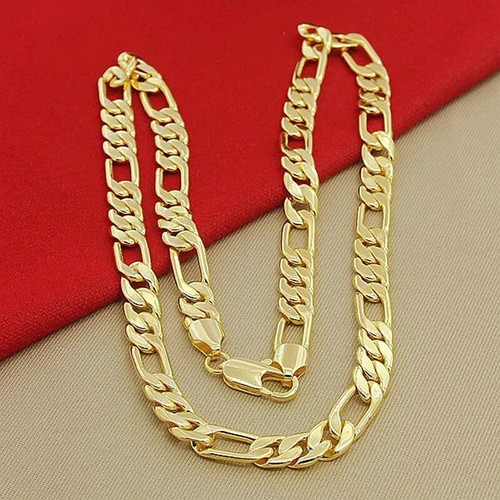High Quality Men's 8mm 24'' 60cm Gold Necklace 24k Yellow Gold Color Figaro - Picture 19 of 24