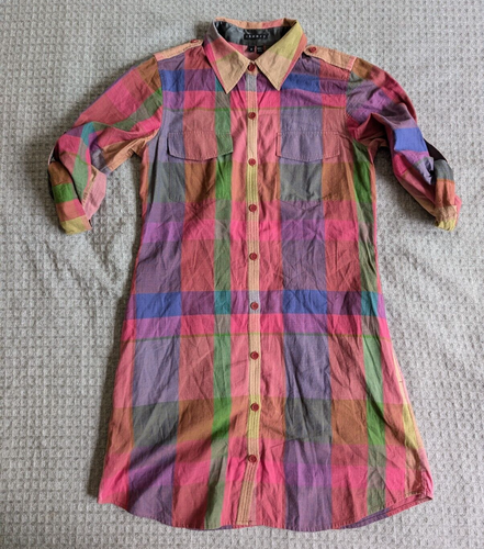 Theory Dress Women 6 Pink Plaid Virgilia Crescent Shirt Dress Roll Tab Cotton