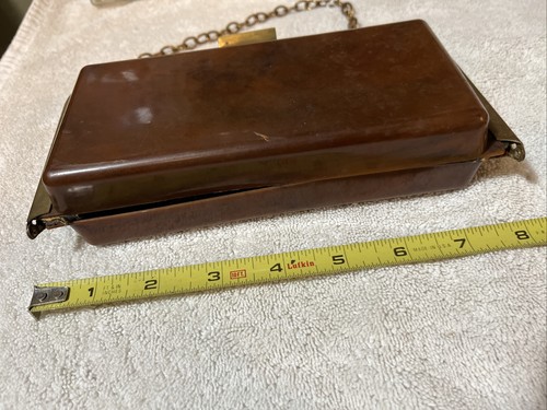Vintage UNBRANDED BROWN Plastic Clutch Purse short chain mirror change purse - Picture 3 of 12