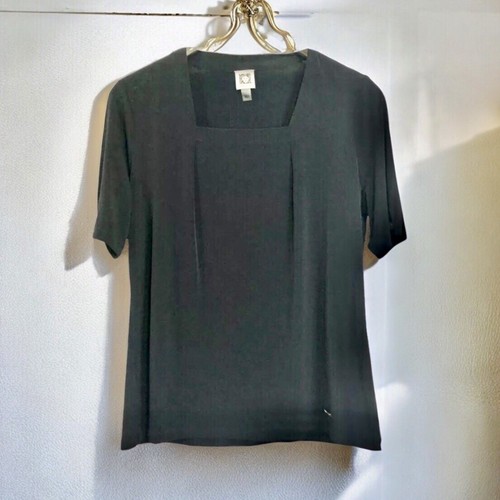 Anne Klein Top Size Large Black Stretch Pullover Short Sleeve Square Neckline