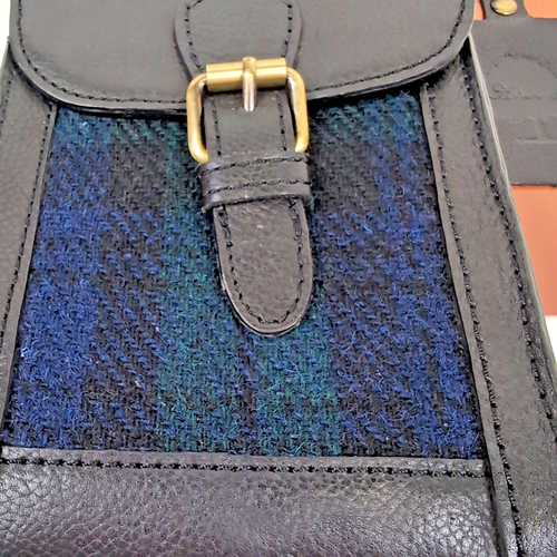 NEW Harris Tweed TAG Leather Wool Crossbody Bag Purse Blue Tartan Plaid Scotland - Picture 6 of 20