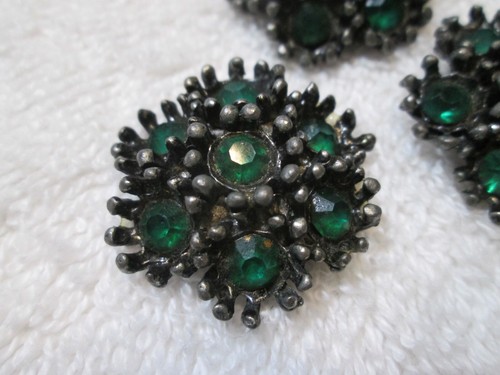 Antique Metal Buttons With Sparkling Emerald Green Rhinestones Set Of 3 - Picture 2 of 6