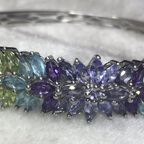 Sterling Silver 925 Rainbow Multi Gemstones hinged Bangle Bracelet - Picture 3 of 11