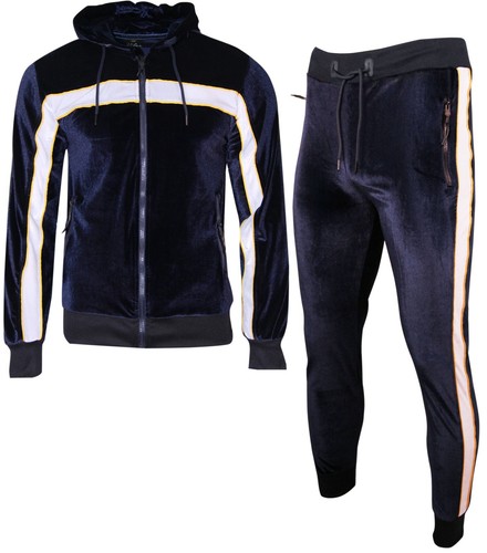 NEW Mens Silky Zip Hoodie Two Tone Piping Tracksuit Velour Jogging Bottoms - Picture 8 of 18