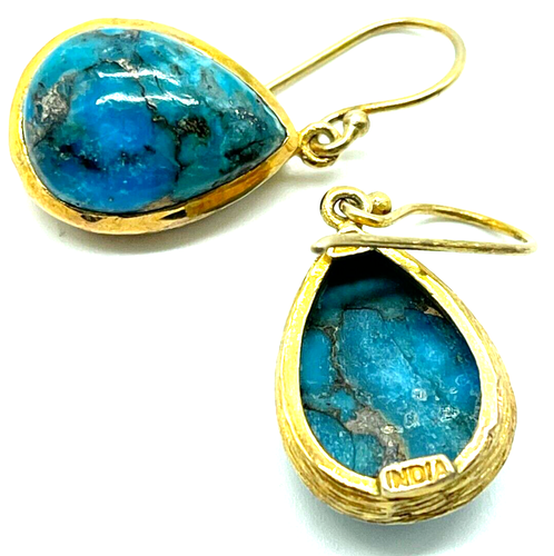 Earrings. Gold Tone Blue Turquoise from India. Drop 1" - Picture 4 of 10
