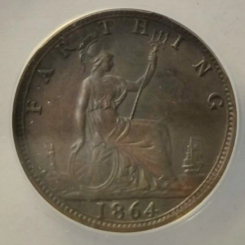 1864 ANACS MS60 Details Great Britain Farthing Rare High Grade Bronze Coin 3B - Image 4 of 4