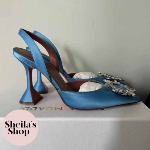 NIB Amina Muaddi Begum Silk Satin Baby Blue Embellished Slingback Pumps Size 38 - Picture 4 of 11