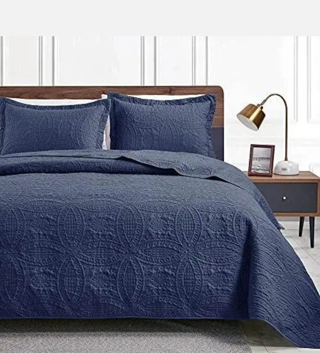 Love's cabin King Size Quilt Set Navy Blue Bedspreads - Soft Bed Summer  Quilt