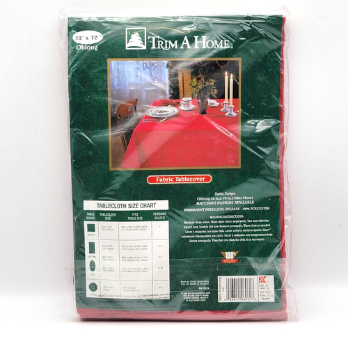 Trim A Home Tablecloth Red 52 x 70" Oblong 100% Polyester Satin Strip VTG Christ - Picture 4 of 8