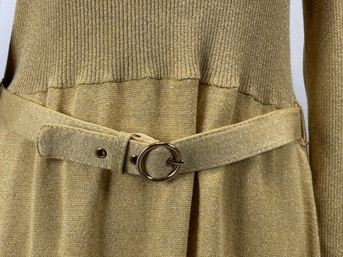 Free People French Girl Gold Metallic Sweater Dress Sz Small Belted Stretch  - Bild 6 von 8