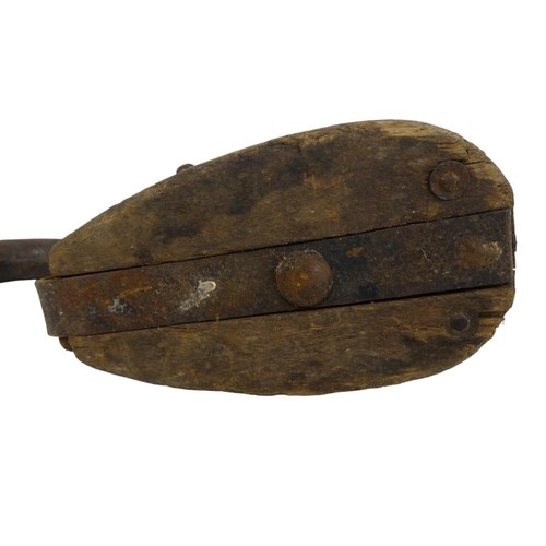 Vintage Wood Steel Iron Single Pully Block and Tackle w Large Swivel Hook - Picture 9 of 16