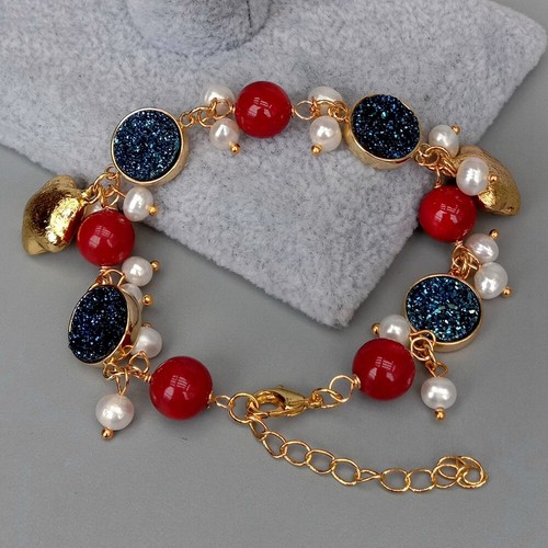 Bracciale Charm Donna Perla Blu Titanio Druzy Corallo Rosso Regalo Festa Matrimonio - Foto 1 di 7