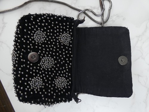 Intropia Small Beaded Crossbody Bag Clutch Black Evening 7" x 5" Chain - Picture 6 of 11