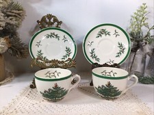 Vintage SPODE CHRISTMAS TREE Tea/Coffee Cups Saucers Set Of 2 England NICE