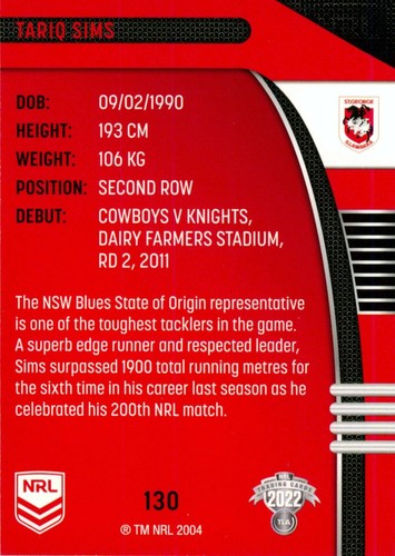 2022 ST GEORGE ILLAWARRA DRAGONS NRL Card TARIQ SIMS Traders - Foto 2 di 2