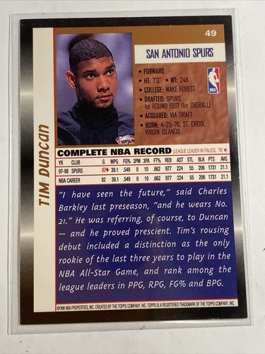 1998-99 Topps #49 Tim Duncan - Picture 2 of 2