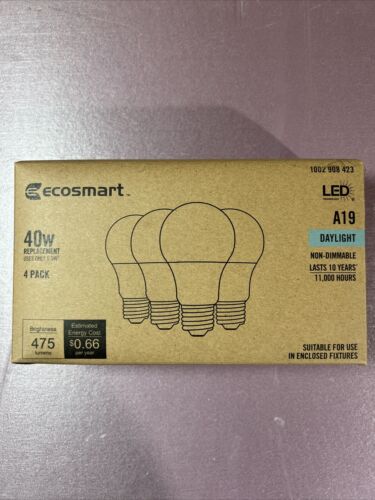 NEW Ecosmart 40W Replacement Non Dimmable A19 LED Day Light 4-Pack Bulbs