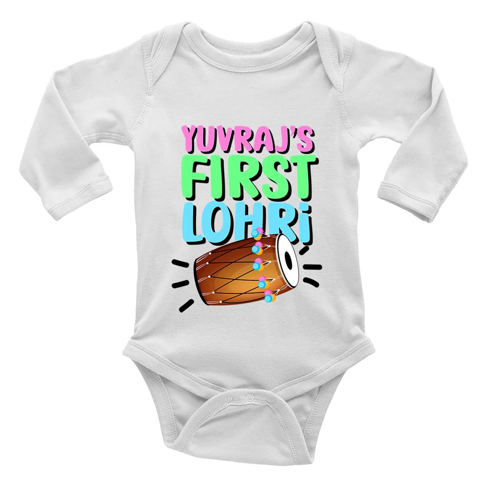 BABY ORIGINALS Personalised First Lohri Colourful With Dhol Long Sleeve Baby Grow Vest Bodysuit