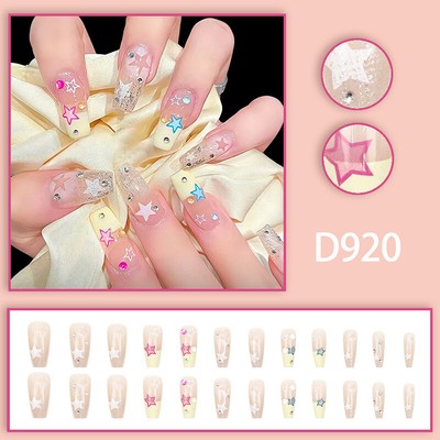 24Pcs Long Nails Sparkling French Stars Square Head Press On Fake Nails W Gl _cn