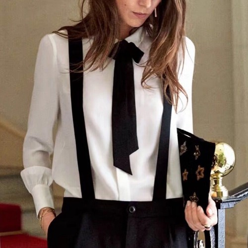 Women Formal Silk Blend Black Bow Tie Long Sleeve White Blouse Shirt Top S-5XL - Picture 10 of 16