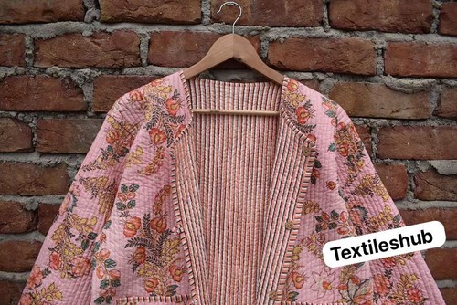 Peach Floral Quilted Cotton Jacket Handmade Cotton Jacket Women's Clothing US - Picture 2 of 2