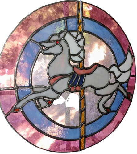 Stained Glass Leaded Carousel Horse Round Hanging Window Panel 12.5" Dia VTG - Picture 3 of 9