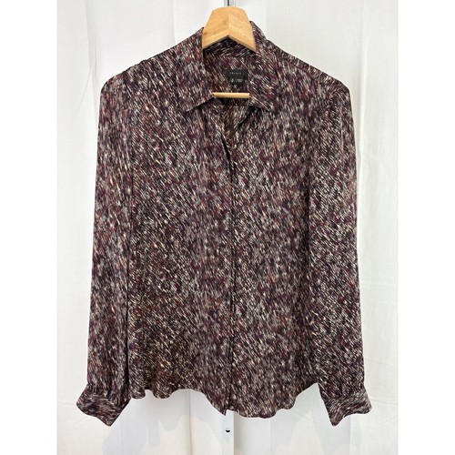 THEORY S Andrae Washed Silk Shirt Button Front Long Sleeve Printed Purple Multi